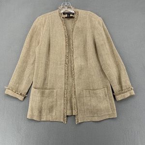 Ellen Tracy 100% Linen Open Front Jacket Tan Pockets Frayed Womens Petite 8